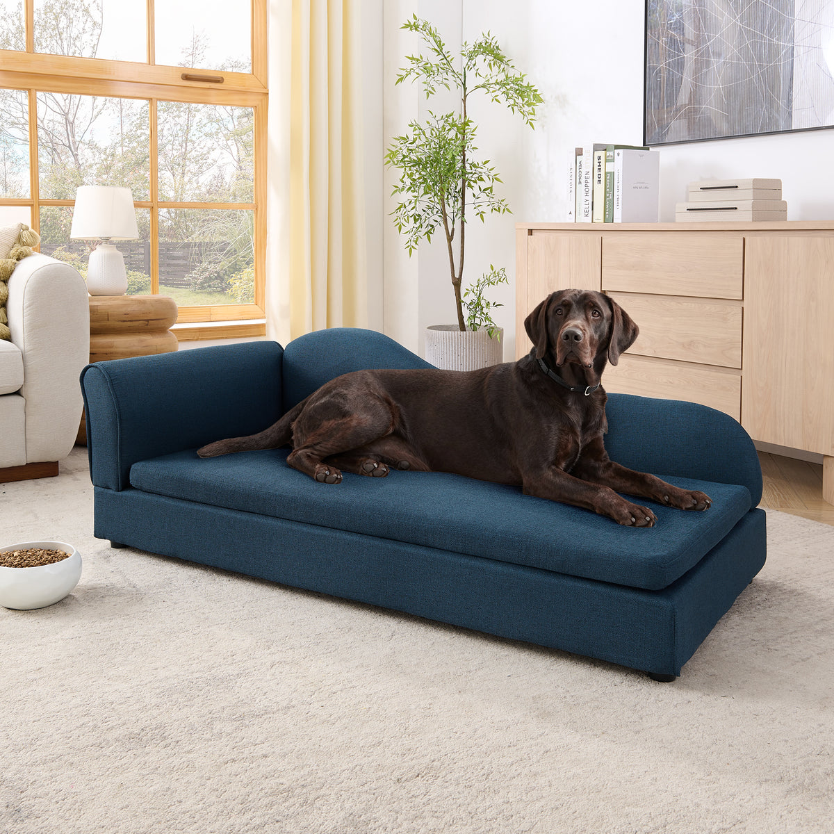 Oversized Pet Sofa for Medium/Large Dogs - Modern Irregular Wave Backrest, Single Armrest, Premium Breathable Linen Fabric, Soft Cushion & Low Plastic Feet-Dark Blue