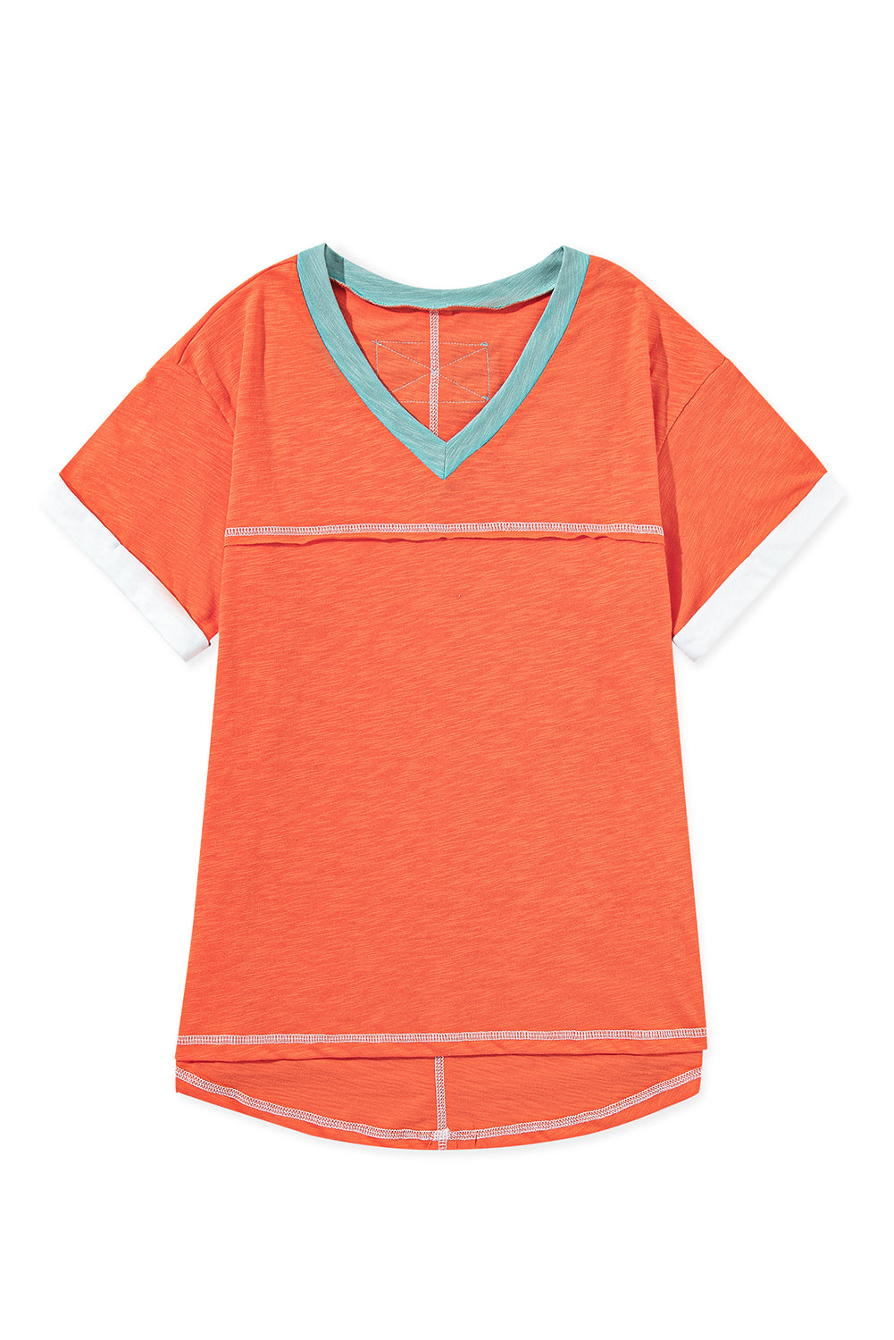 Grapefruit Orange Contrast Trim Exposed Seam V Neck T Shirt - Eloy Royal