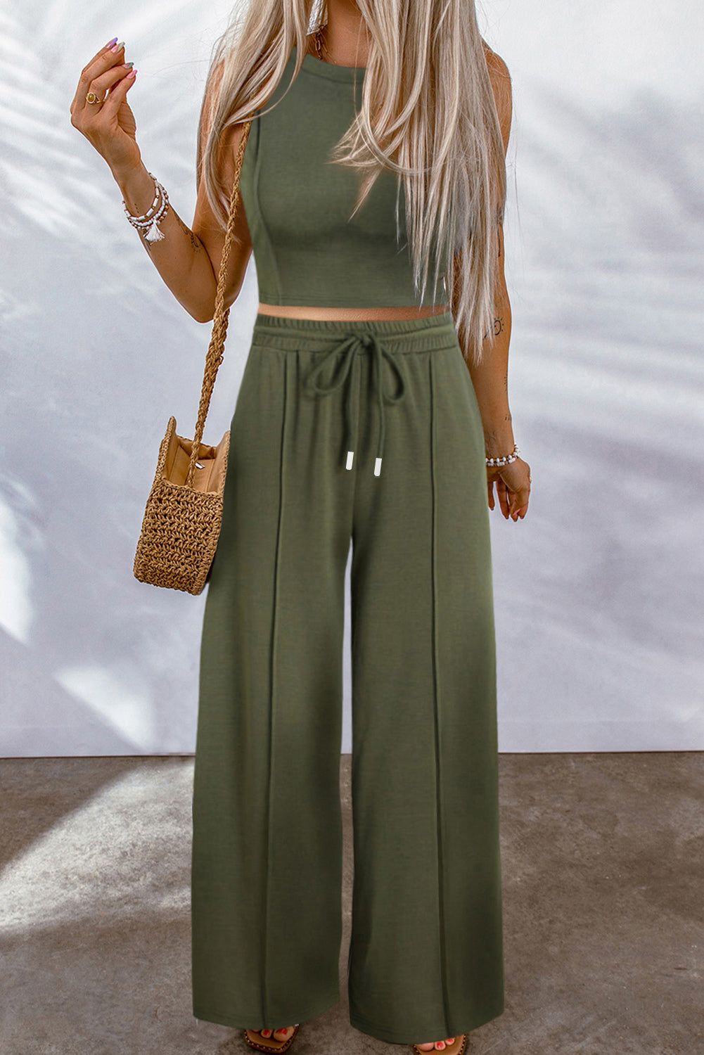 Jungle Green Solid Cropped Tank Top and Wide Leg Pants Set - Eloy Royal