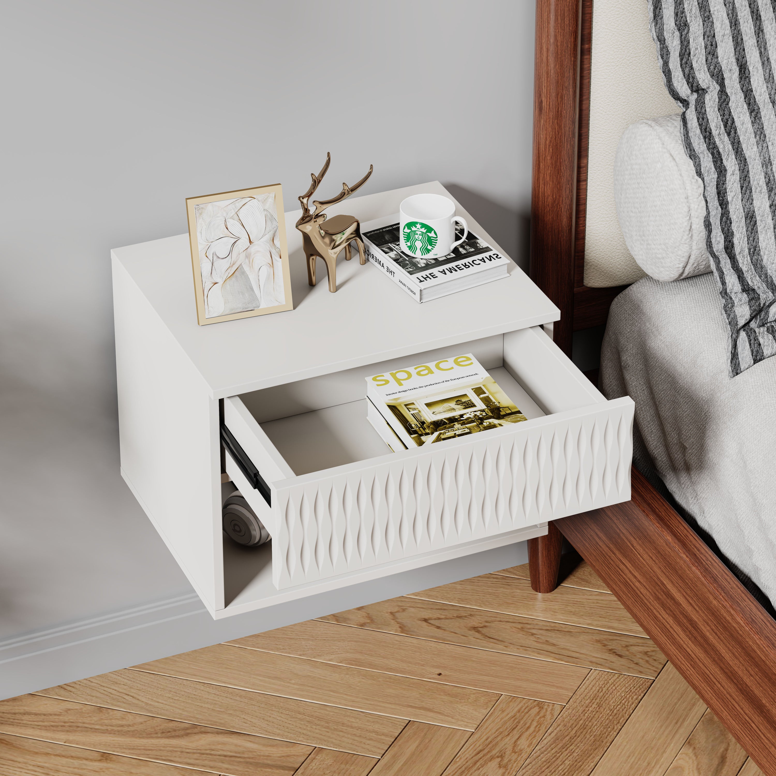 set of 2 nightstand with Stylish Wall-Mounted Cabinet - Dustproof Drawer + Open Area, 3-Stage Rails, Carved Design, Anti-Wobble, DIY-Matchable, Multi-Scene