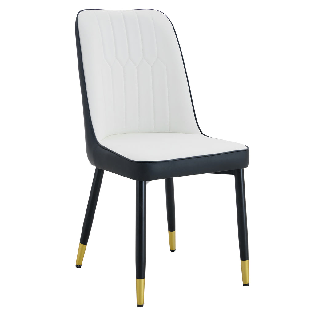 Modern Two-Tone PU Dining Chairs with Gold Decorated Legs, White and Black Spliced, Black Metal Legs, Set of 2