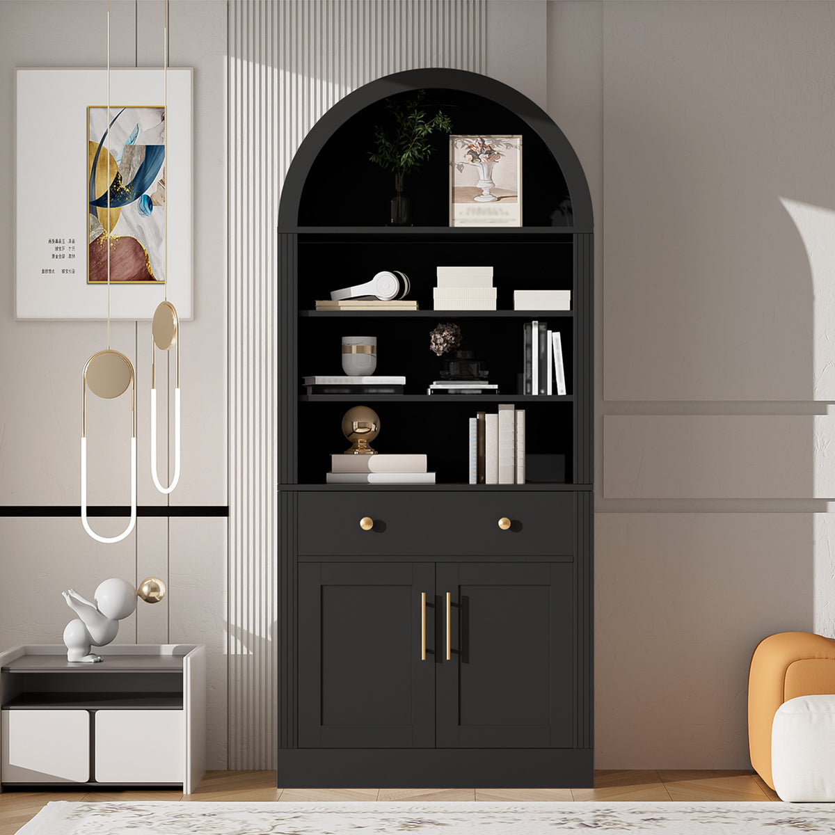 Arched Bookshelf with Storage Cabinet,Tall Display Bookcase with Drawer Doors and Adjustable Shelves,Freestanding Kitchen Pantry Cabinet for Living Room,Home Office,Bathroom,Black