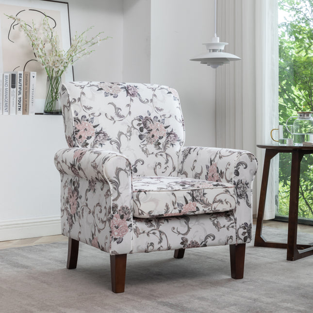Traditional Rolled Arm Armchair, Solid Birch Wood Frame with Tapered Brown Legs, Polyester Blend Printed Cloth Upholstered Chair with Foam Filled Seat for Living Room Office