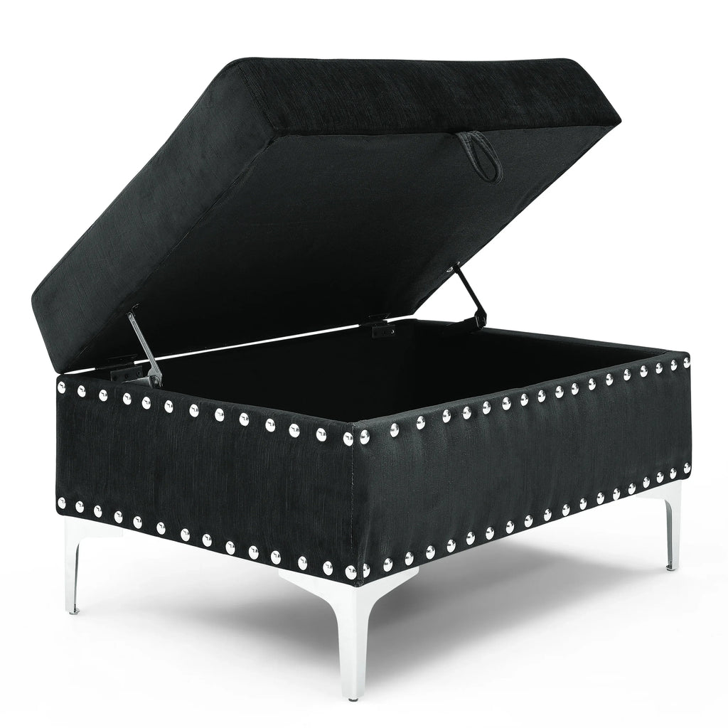 Sectional 3-Seaters Sofa with Reversible Chaise, Storage Ottoman and Cup Holders, Metal Legs and Copper Nails,Two White Villose Pillows ,Black(107.5' x 80.5' x36') - Eloy Royal