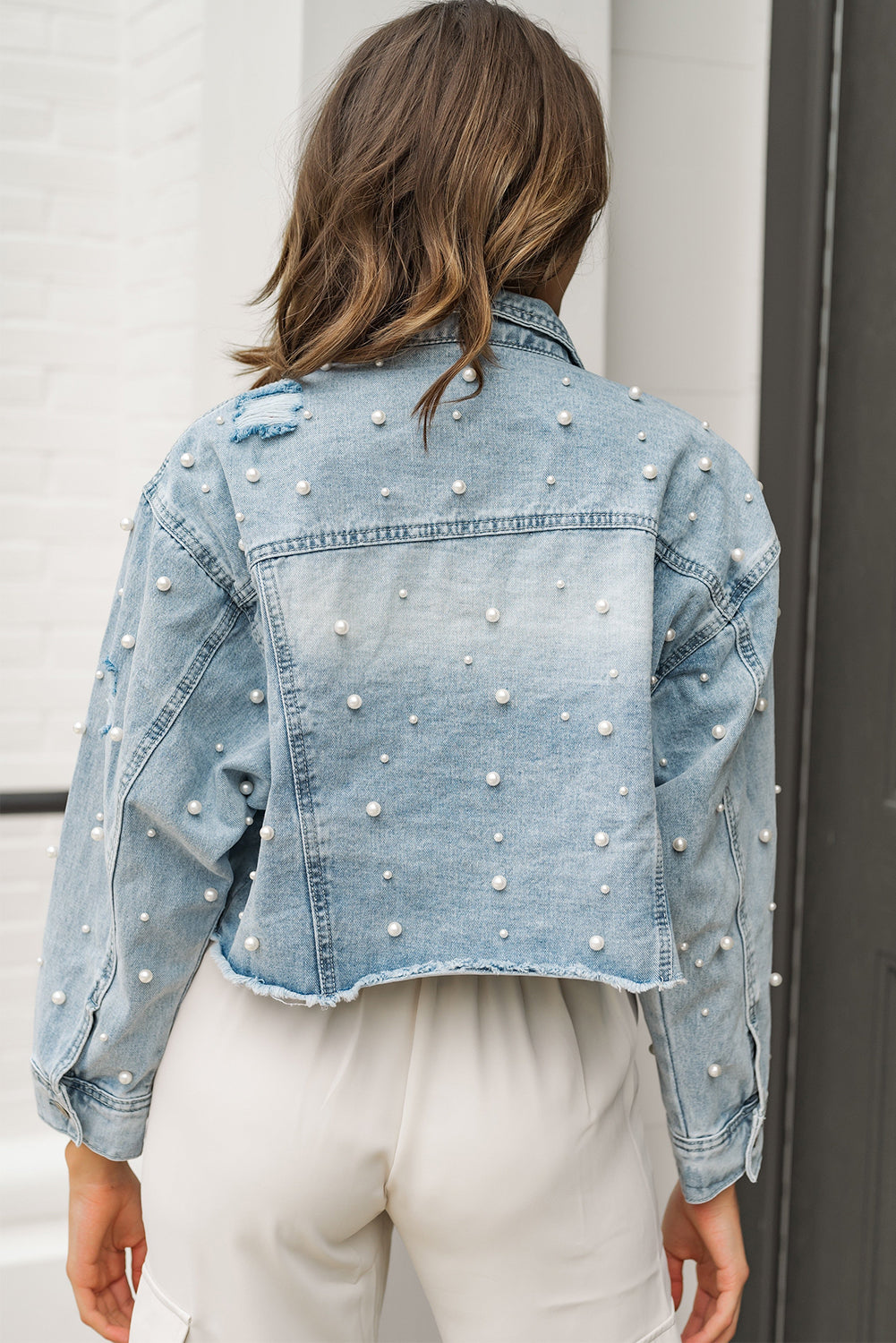 Wholesale Sky Blue Pearls Beading Cropped Denim Jacket - Eloy Royal