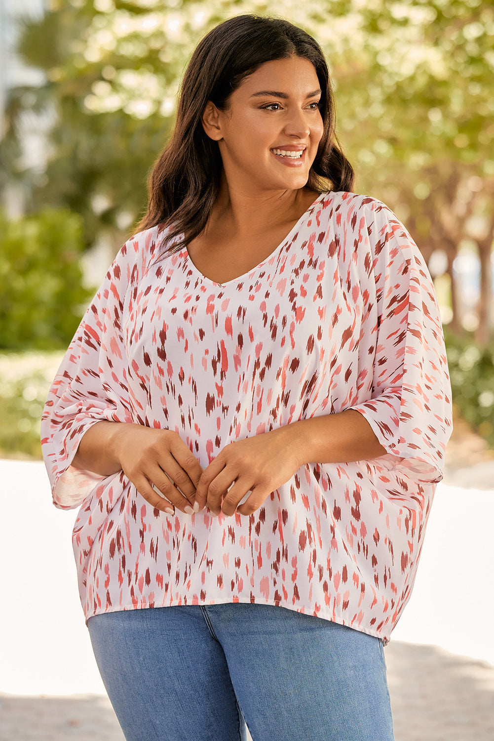 Pink Elegant Polka Dots 3/4 Dolman Sleeve Plus Size Blouse - Eloy Royal