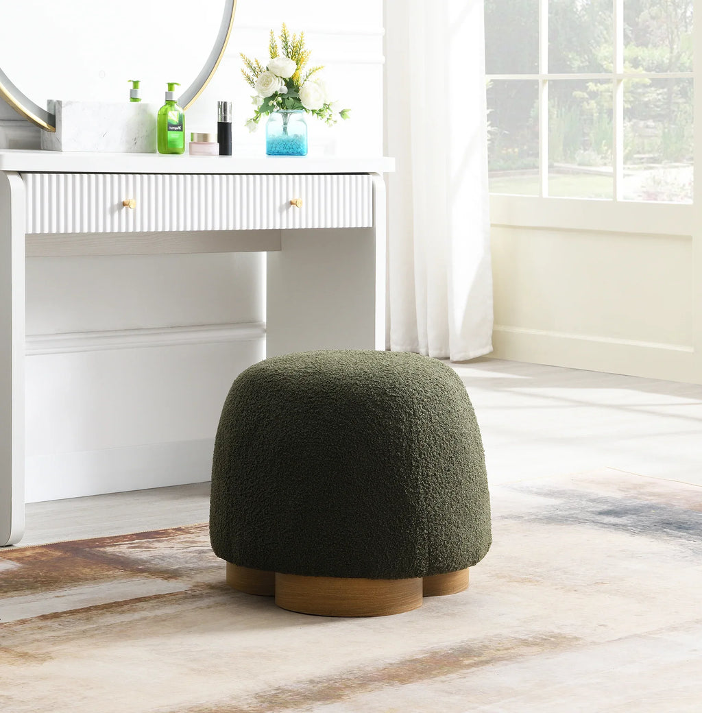 Fully Assembled Round Soft Teddy Fabric Upholstered Ottoman, Footstool with Soft Padded Seat, Fully Assembled Modern Sofa Couch Footrest, Extra Seating for Bedroom Entryway, Olive Green - Eloy Royal