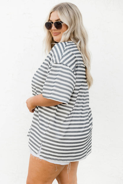 Striped Casual Plus Size Button Neck Henley Tee - Eloy Royal