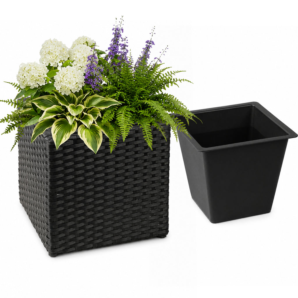 SOLHOME 11' Black Cubic Planter Box, Resin Wicker Plant Pot with Insert – Indoor Outdoor Decorative Square Planter for Patio, Porch, or Entryway