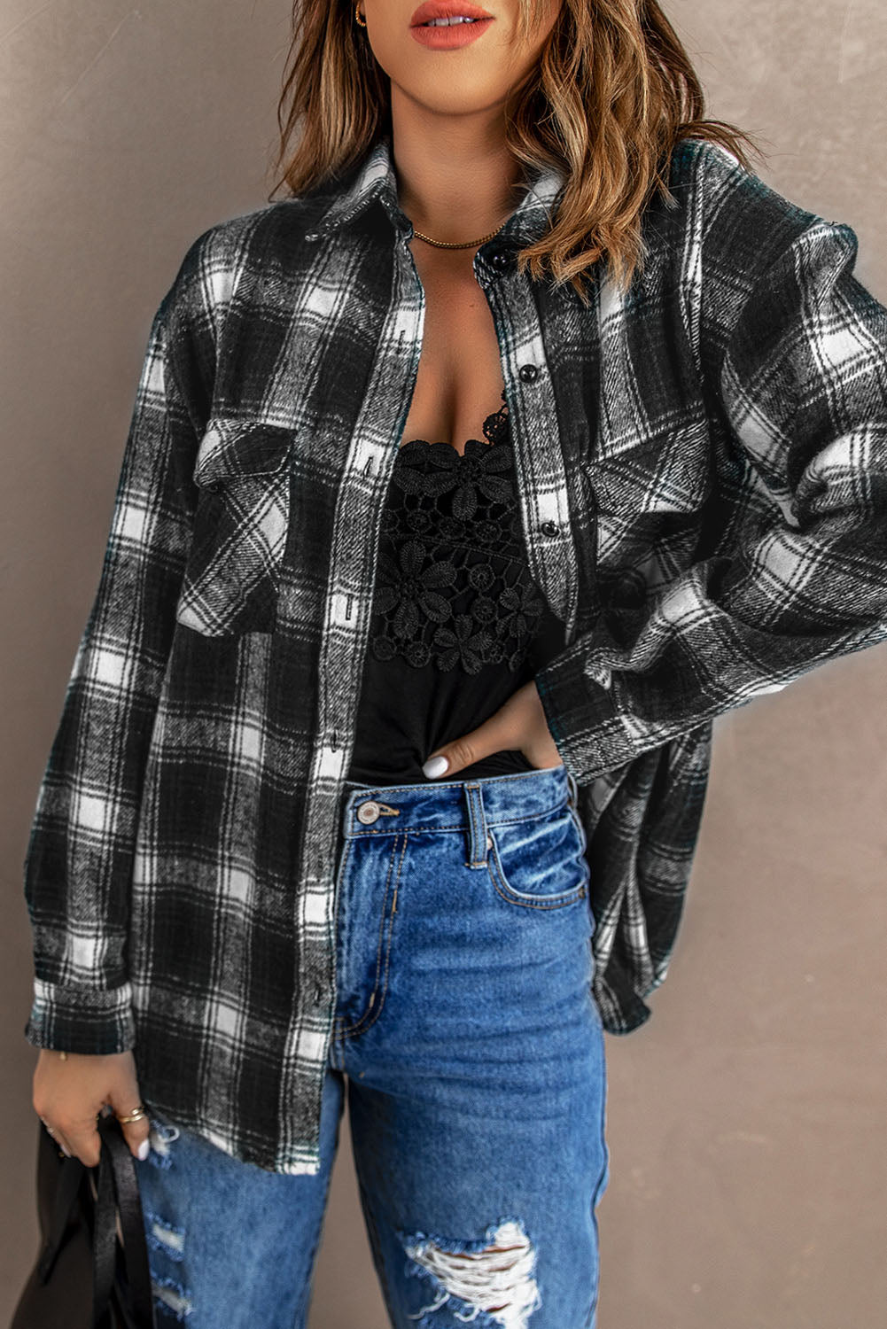 Wholesale Black Button Up Collared Plaid Shacket - Eloy Royal