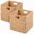 SOLHOME Water Hyacinth Folding Storage Baskets, Set of 2, Natural, 12.6' x 12.6' x 12.6', Handwoven Cube Baskets with Cutout Handles – Shelf Organizer, Toy Storage, Closet Storage