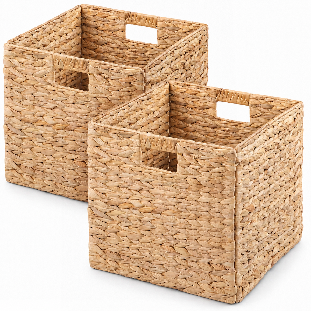 SOLHOME Water Hyacinth Folding Storage Baskets, Set of 2, Natural, 12.6' x 12.6' x 12.6', Handwoven Cube Baskets with Cutout Handles – Shelf Organizer, Toy Storage, Closet Storage