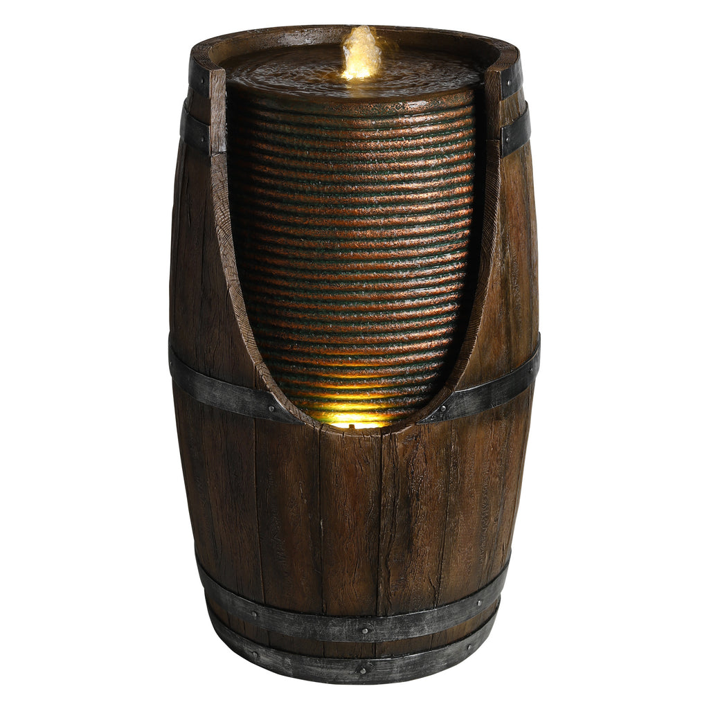 Rustic Barrel Water Fountain, 24.8in Outdoor Floor Fountain with LED Lights, Resin Water Feature for Patio Garden
