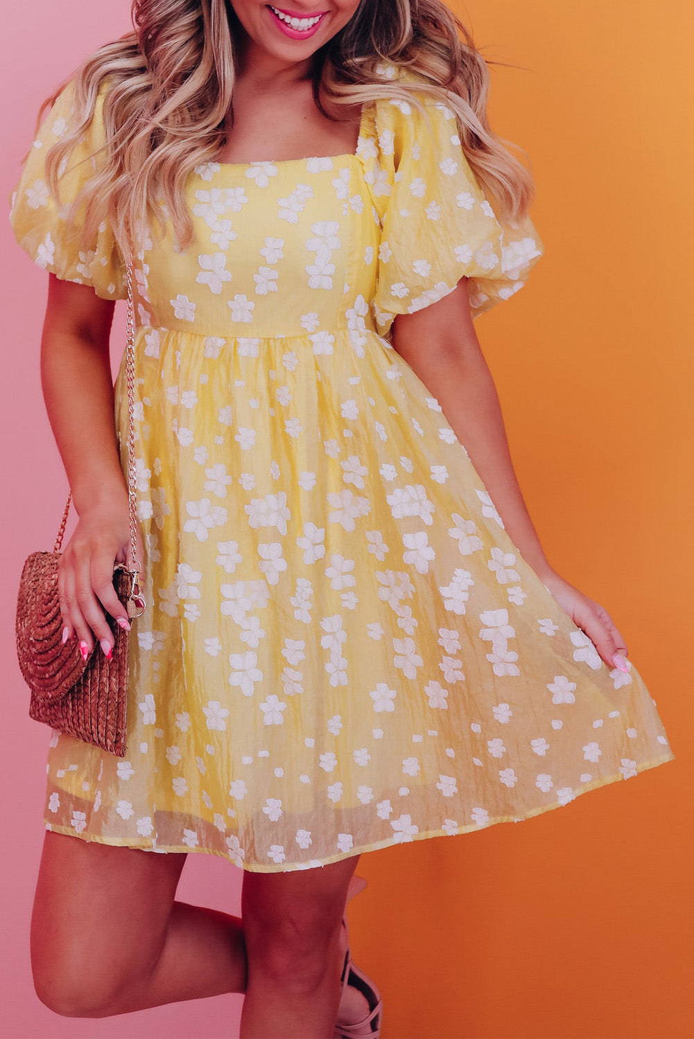 Yellow Boho Flower Jacquard Puff Sleeve Square Neck Mini Dress - Eloy Royal