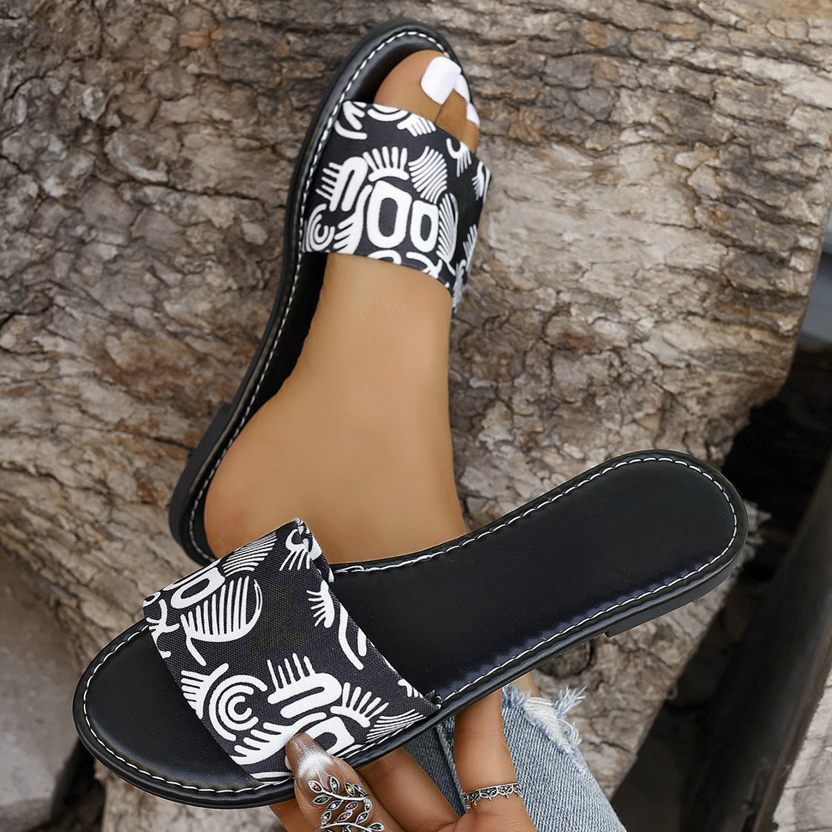 New Fashion Graffiti Print Sandals For Women Summer Round Toe Low Heel Flat Slippers For Women Slides Casual Beach Shoes - Eloy Royal