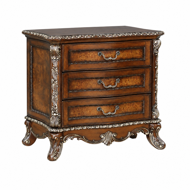 Devany Nightstand 32'W Cherry Wood 3-Drawer Antique Oak Finish Resin Classic Bedside Table
