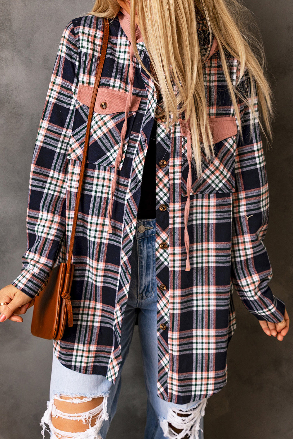 Wholesale Pink Plaid Contrast Hooded Drawstring Shacket - Eloy Royal