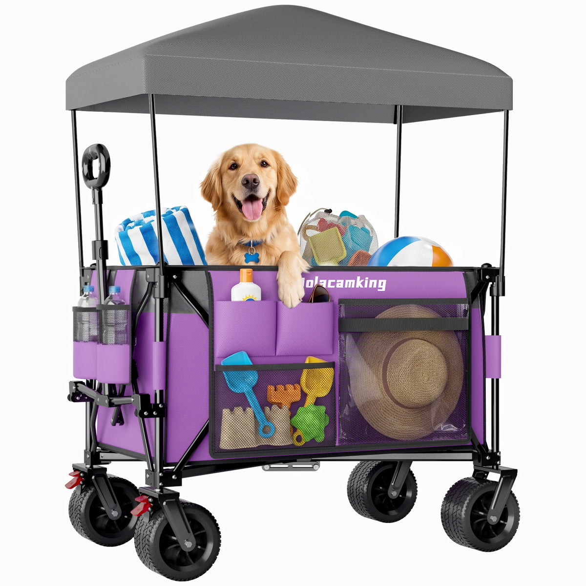 Multi-Functional Pull Folding Wagon Cart with Flexible Handle & Canopy, Heavy Duty Utility Cart with 7'x4' All-Terrain Wheels for Camping, Transport, Groceries, Sports, 520LBS/240L, Purple