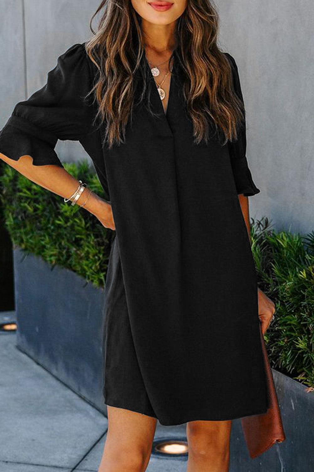 Black Split V Neck Short Sleeve Casual Tunic Dress - Eloy Royal