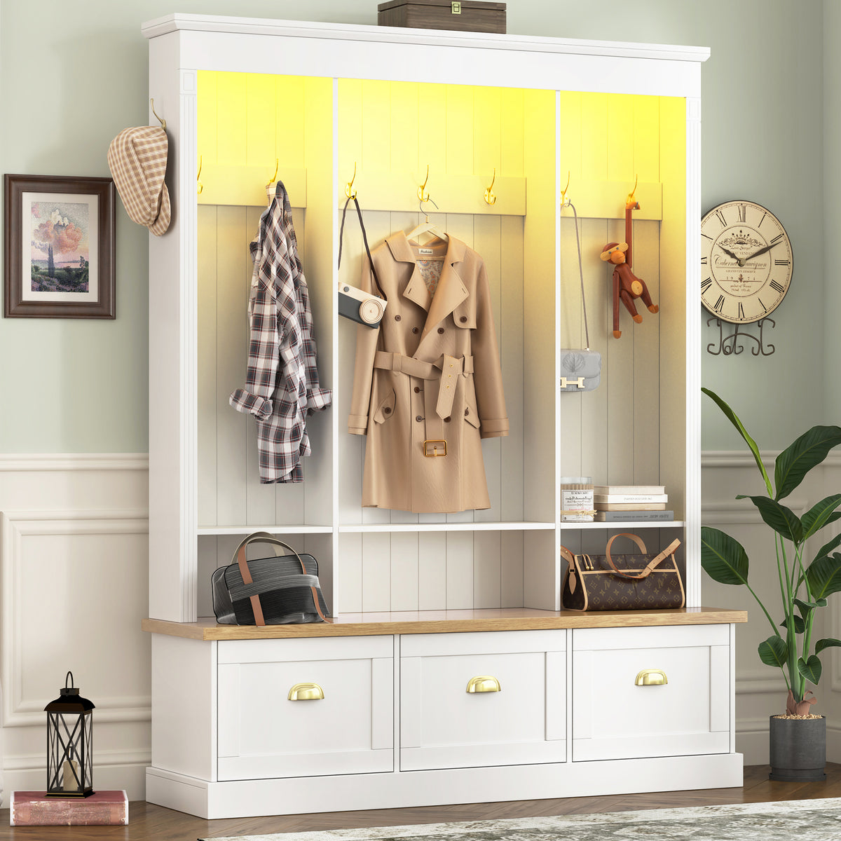 [Assembly Video] Elegant APP Controlled LED Light Hall Tree with 9 Hooks, Roman Column Design Natural Storage Bench with 3 Large Cabinets, Farmhouse Entryway Organizer with Shelves for Hallway, White
