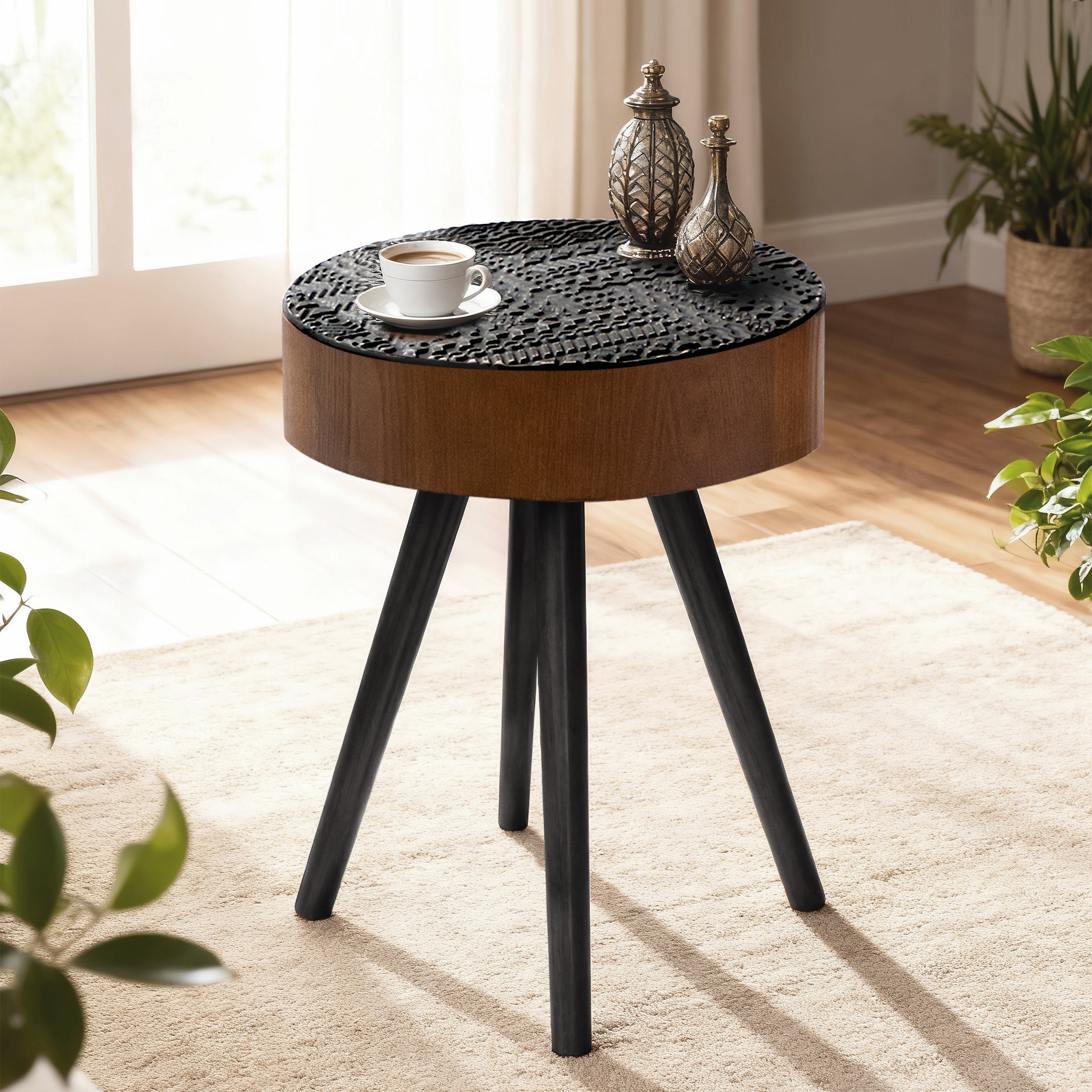 15.7-inch Round Side Table, Ideal Small Drink Table for Compact Spaces, Modern Accent Nightstand with Solid Wood Legs, Suitable for Living Room, Bedroom, Corner, and Office (Brown + Black)