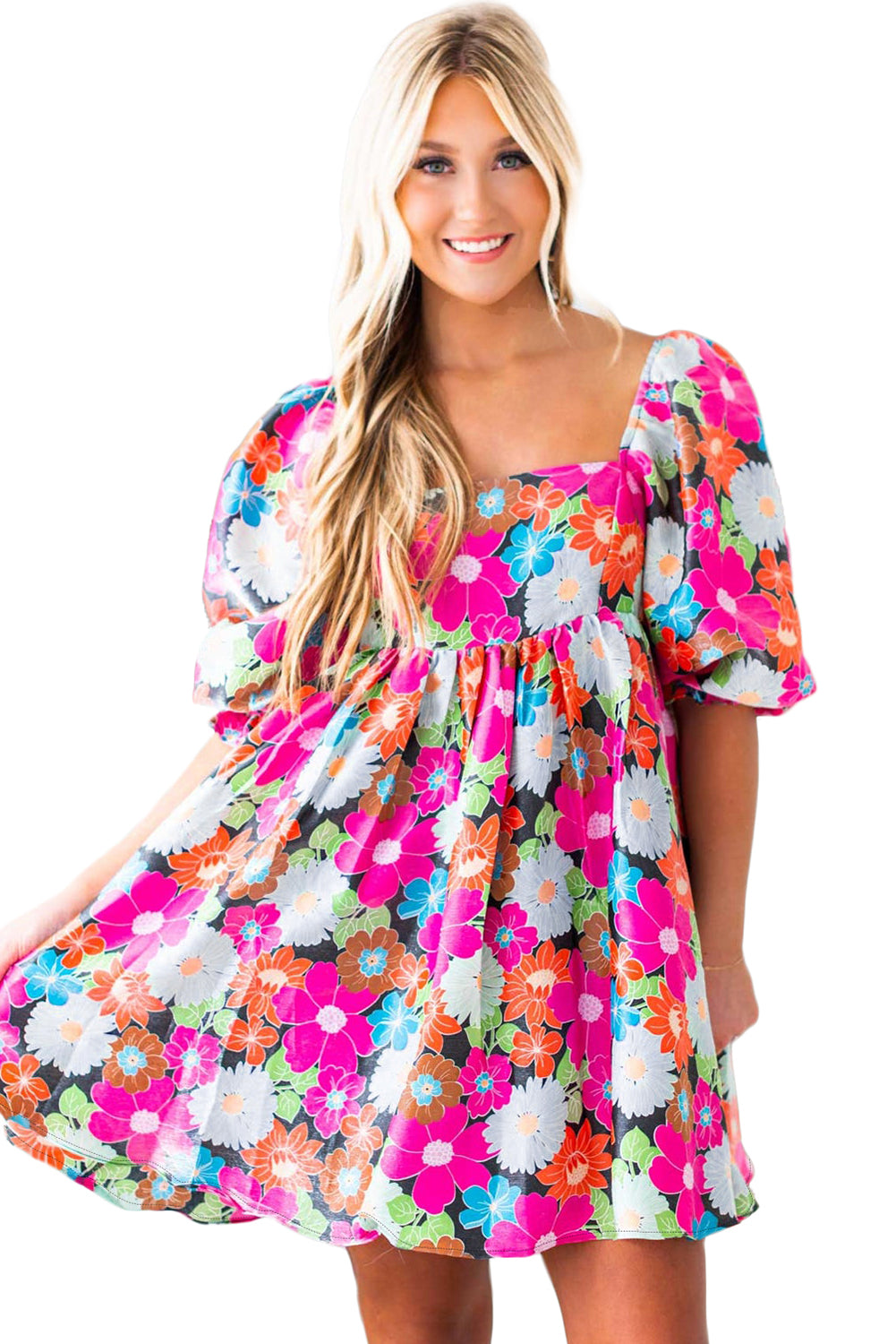 Rose Floral Print Square Neck Short Puff Sleeve Dress - Eloy Royal