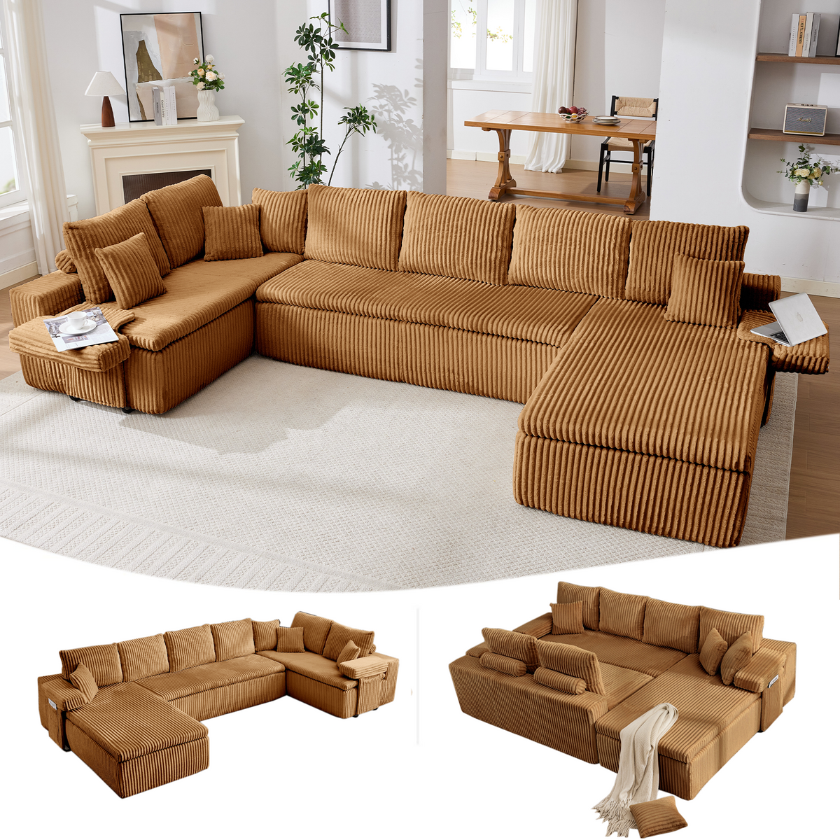 Oversized U-Shaped Modular Corduroy Sofa, Seats 6, Burnt Orange