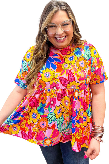 Pink Boho Floral Print Plus Size Babydoll Blouse - Eloy Royal