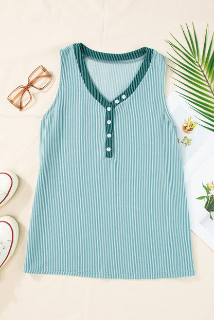 Mint Green Button Contrast V Neck Corded Tank Top - Eloy Royal