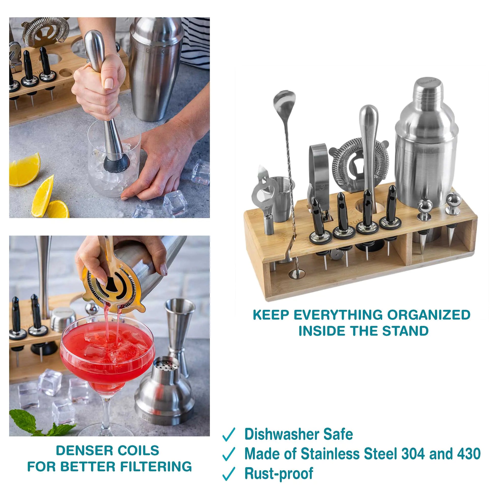 Stainless Steel Cocktail Shaker Set with Stand - 17-Piece Mixology Bartender Kit, Bar Set - 25oz Martini Shaker, Jigger, Strainer, Muddler, Mixing Spoon - Eloy Royal