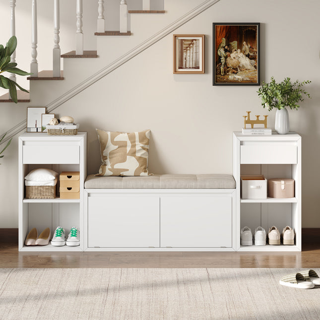 TREXM All-in-One Entryway Storage Bench with Cushion, Compartments, Drawers & Open Shelves, Storage Bench for Hallway, Mudroom, Living Room(White)