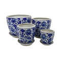 Planter With Saucer Set of 4, Vintage Blue Floral Print, White Ceramic