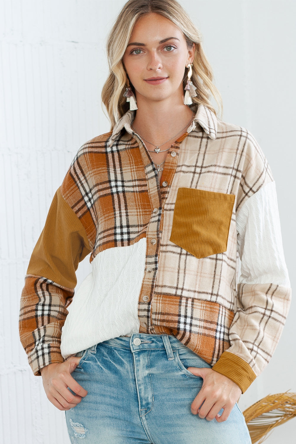 Wholesale Orange Plaid Color Block Patchwork Pocket Shirt Shacket - Eloy Royal