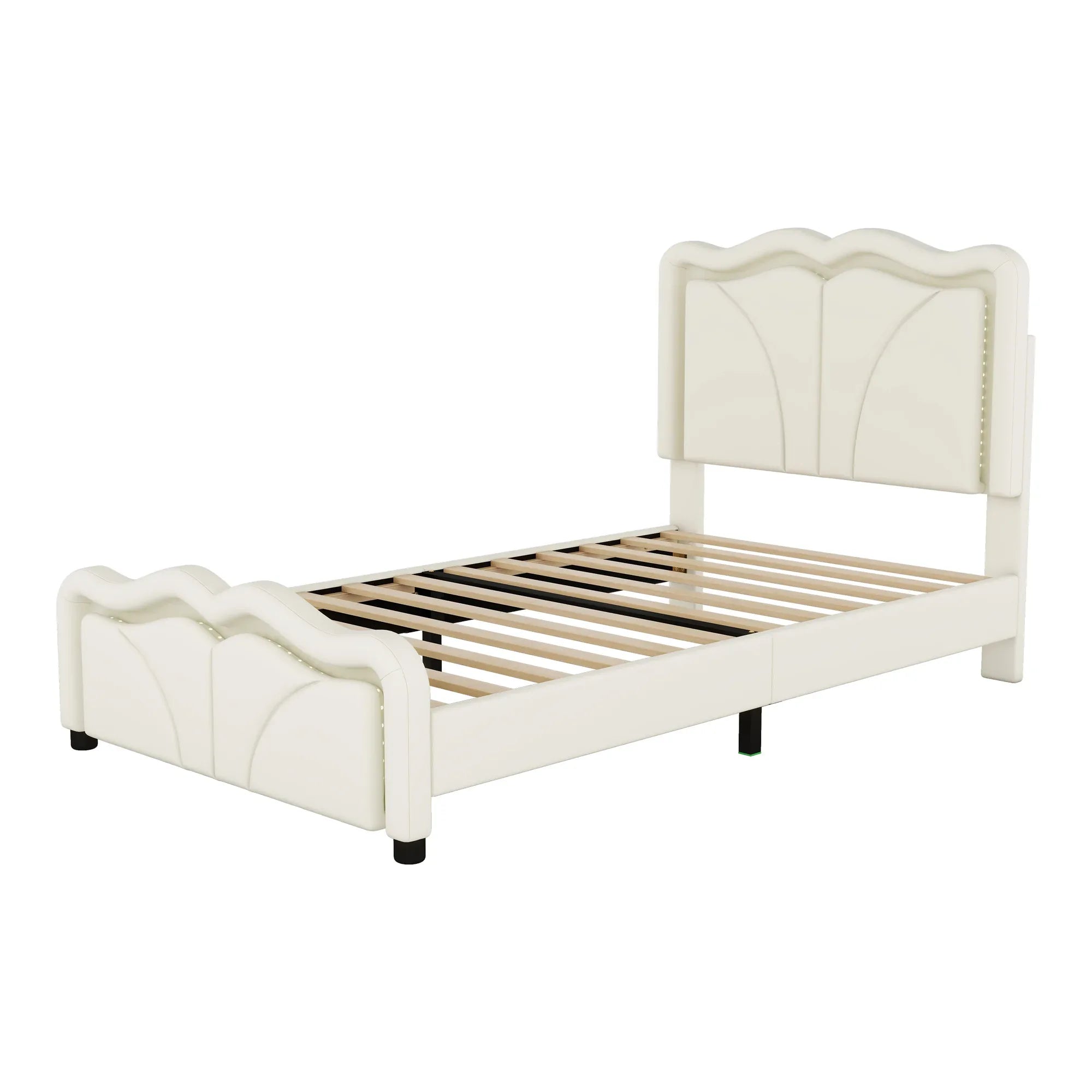 Twin Size Upholstered Platform Bed with Curved Adjustable Headboard and LED Lights, White, Pine Wood MDF PU - Eloy Royal