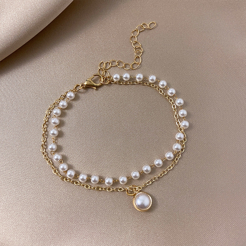 Alloy Beads Retro Simple Double Layers Loving Heart Pearl Bracelet