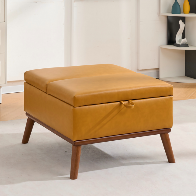 Large Ottoman with Storage, 31' Mid Century Modern Rectangle Coffee Table with Lid Lifting Function, High Wooden Legs, Oversized Storage Ottomans for Living Room, Office, Orange