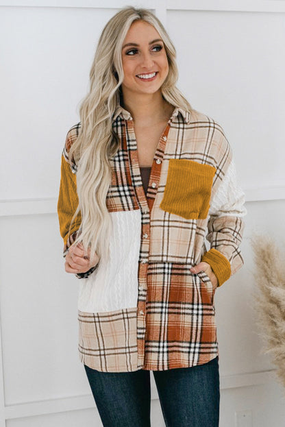 Orange Plaid Color Block Patchwork Pocket Shirt Shacket - Eloy Royal