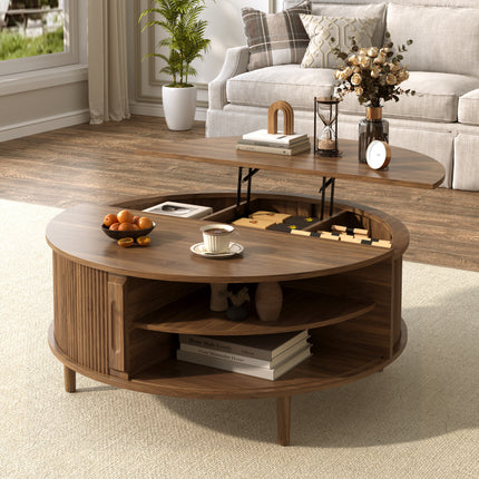 U-Can Minimalist Round Lift-Top Coffee Table with Hidden Storage, Sliding Door, Pine Legs, and Wood Wave Finish