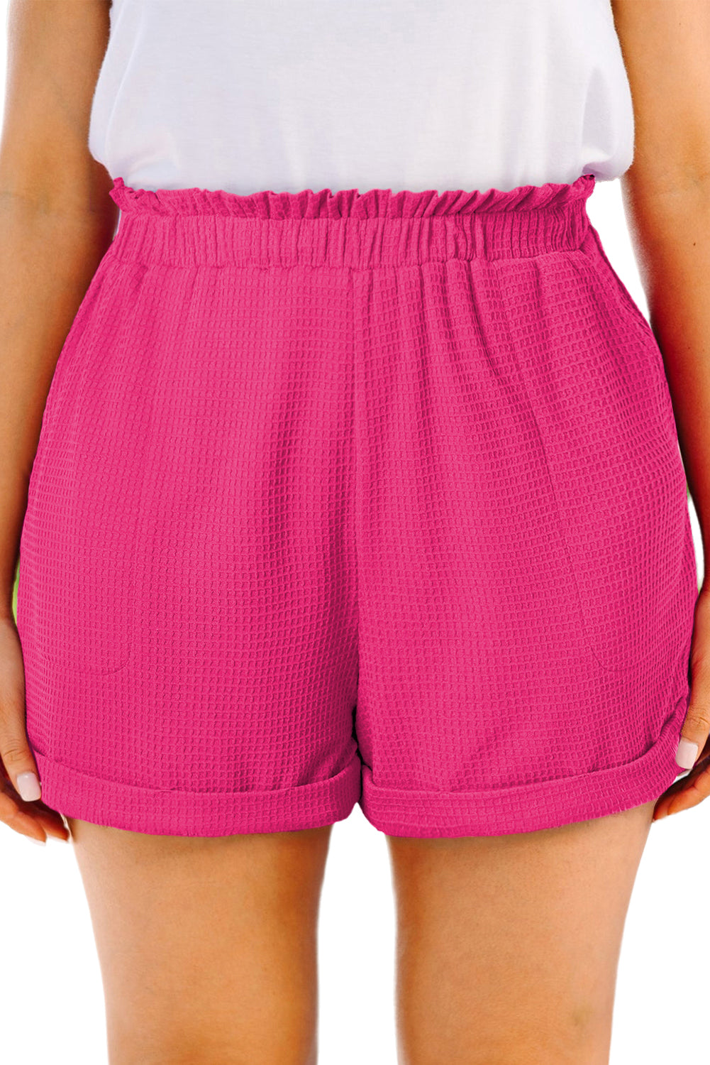 Bright Pink Plus Size Rolled Edge Ruffled Elastic Waist Textured Shorts - Eloy Royal