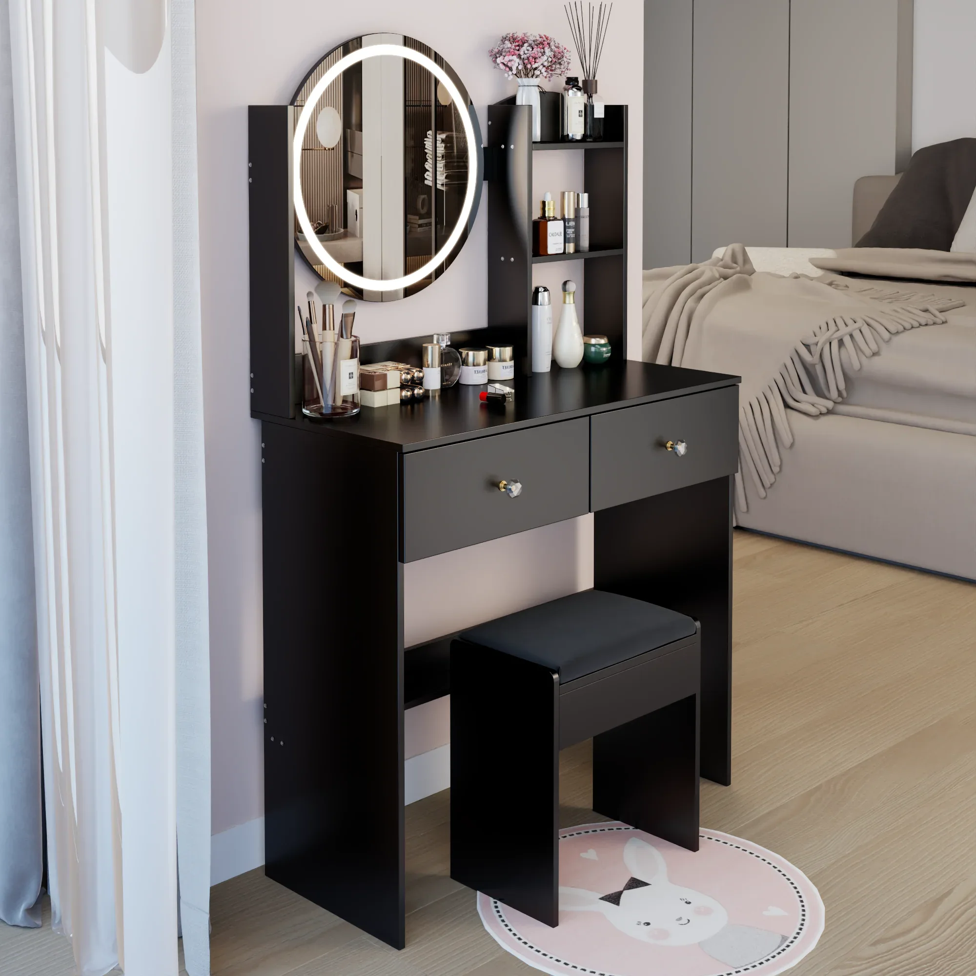 17' Round LED Mirror Vanity Table + Soft Cushion Stool Set, Large Mirror, Touch Switch, 3 colors, Adjustable Brightness, Large Desktop, Multi-layer High Capacity Storage, Suitable For Small Space - Eloy Royal