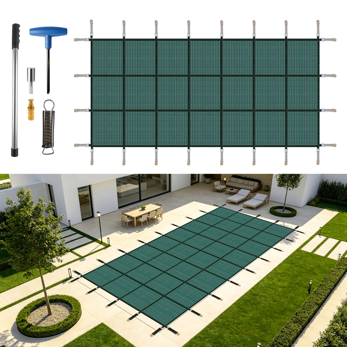 Inground Pool Safety Covers, Rectangular Winter Pool Cover for Swimming Pools, High Strength Mesh PP, Included Installation Tools,Green, Fit 16x32ft Pools