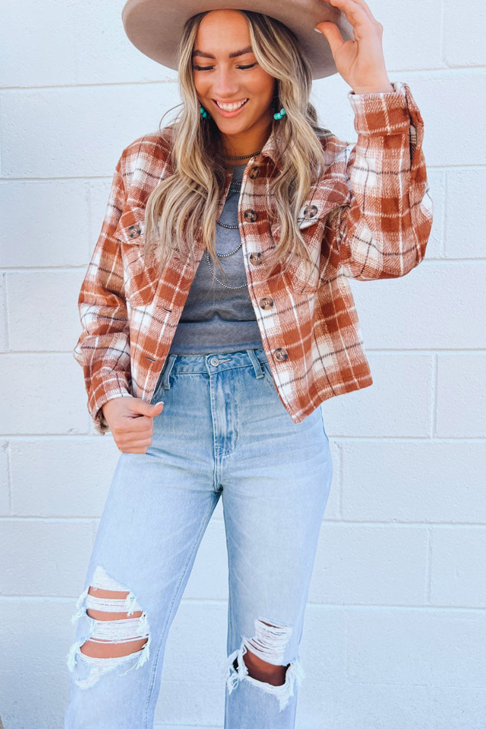 Wholesale Orange Plaid Button-Up Flap Pocket Cropped Jacket - Eloy Royal