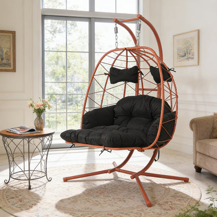2 Person Hanging Egg Chair with Stand, Double Outdoor Wicker Swing Chair with Adjustable Footrest & Thickened Cushions for Patio Garden Balcony