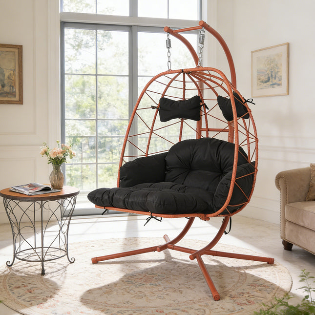 2 Person Hanging Egg Chair with Stand, Double Outdoor Wicker Swing Chair with Adjustable Footrest & Thickened Cushions for Patio Garden Balcony