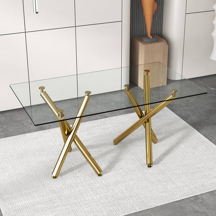 Large Modern Minimalist Rectangular Glass Dining Table for 6-8 with 0.39'Tempered Glass Tabletop and Golden Metal Legs,Kitchen Dining Living Meeting Room Banquet hall, 71' x 35.4' x 30'