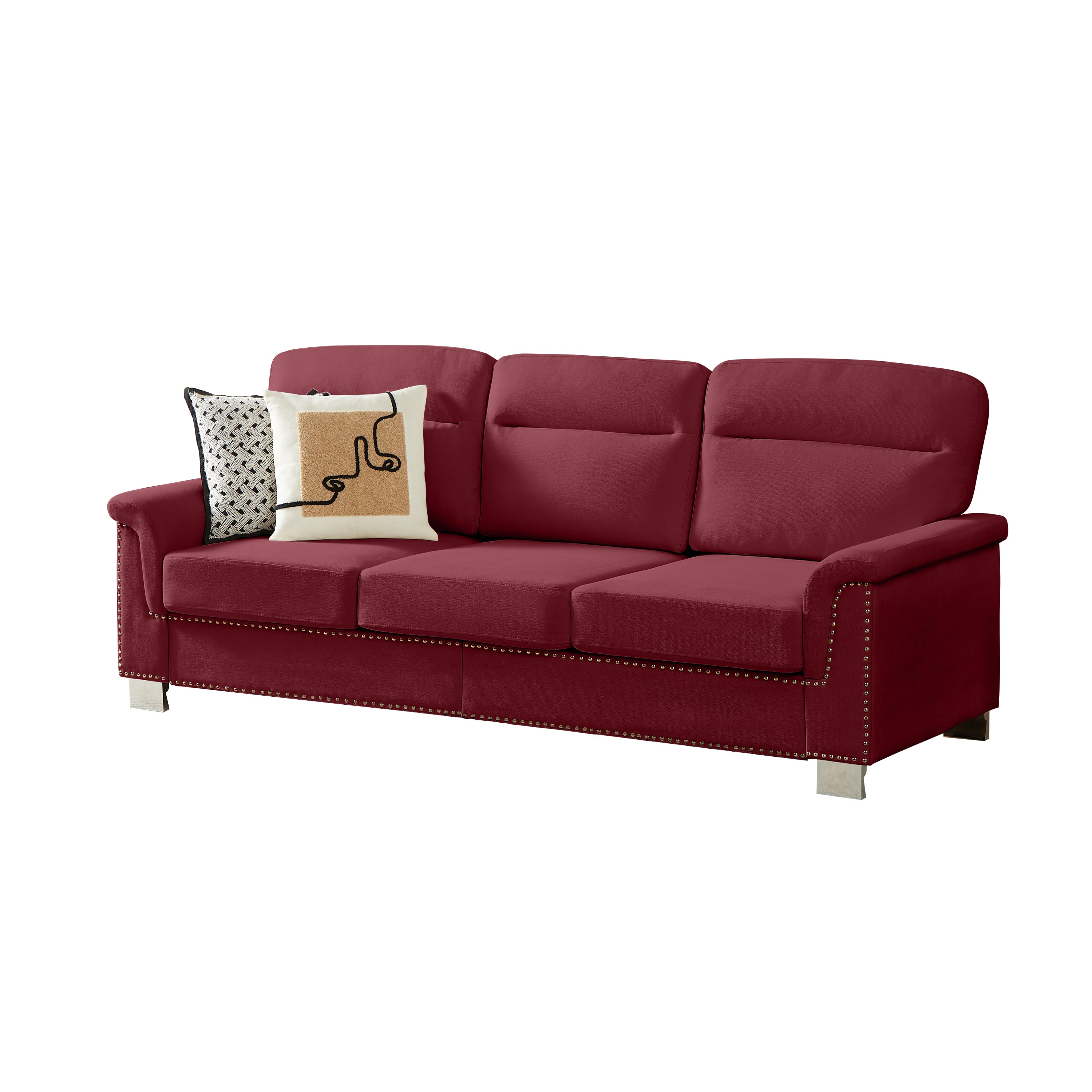 Modern Burgundy Snowfleece Fabric 3-Seater Sofa with High-Density Foam Cushions, Solid Wood and Iron Frame, for Living Room, Bedroom, Office & Entertainment Spaces