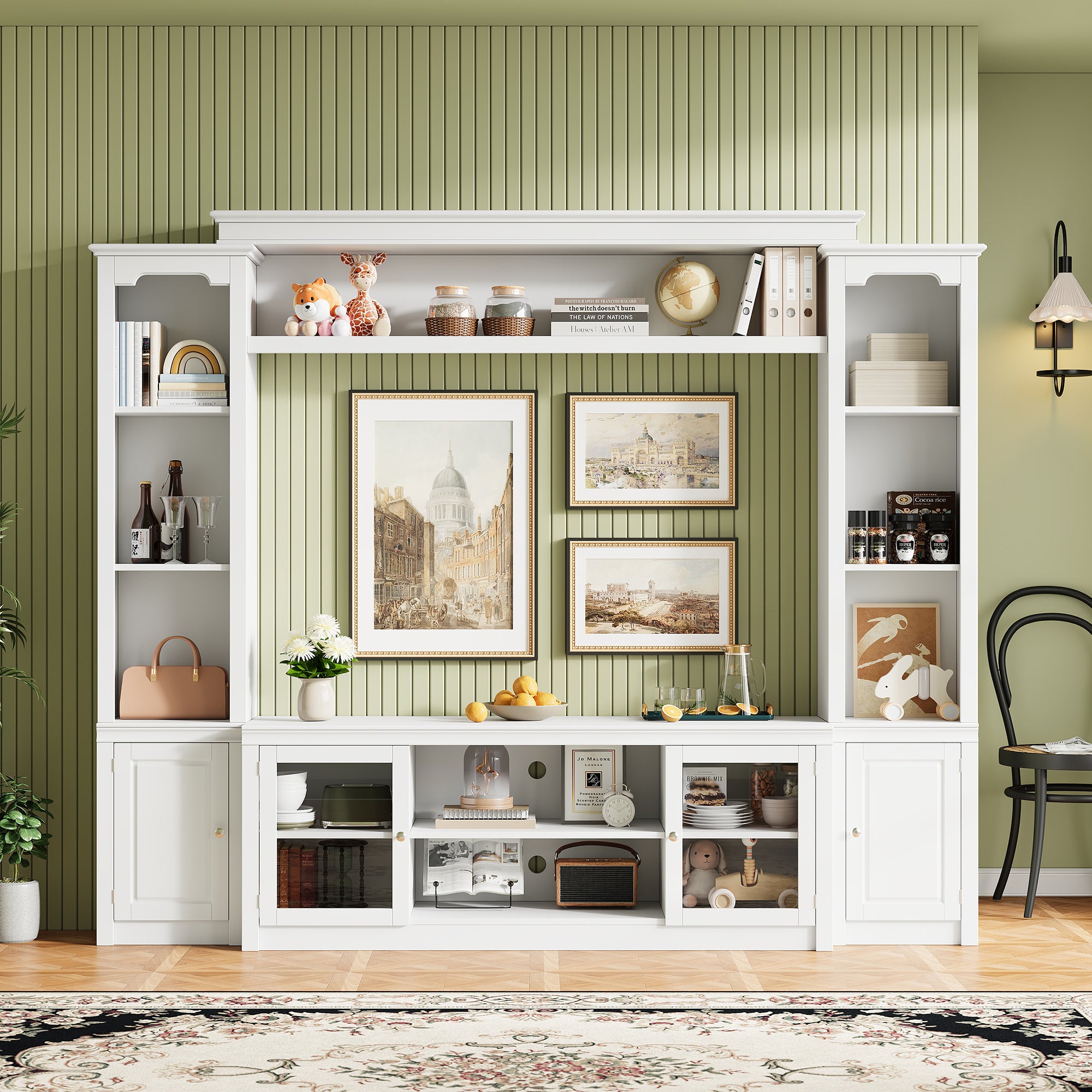 All-in-One Modern TV Stand with Bookcase for TVs Up to 65-inch, Entertainment Center with 4 Adjustable Shelves,Tempered Glass Doors, Display Storage Cabinet, Ample Storage Space TV Stand