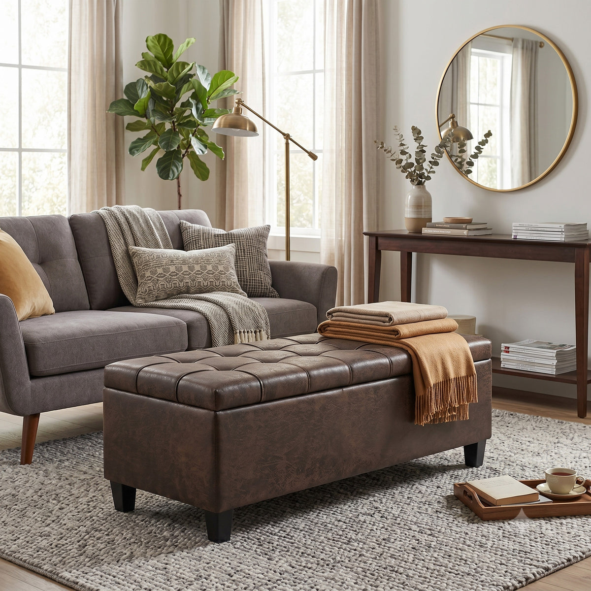 Harrison 48 inch Wide Storage Ottoman Bench in Distressed Brown Vegan Leather