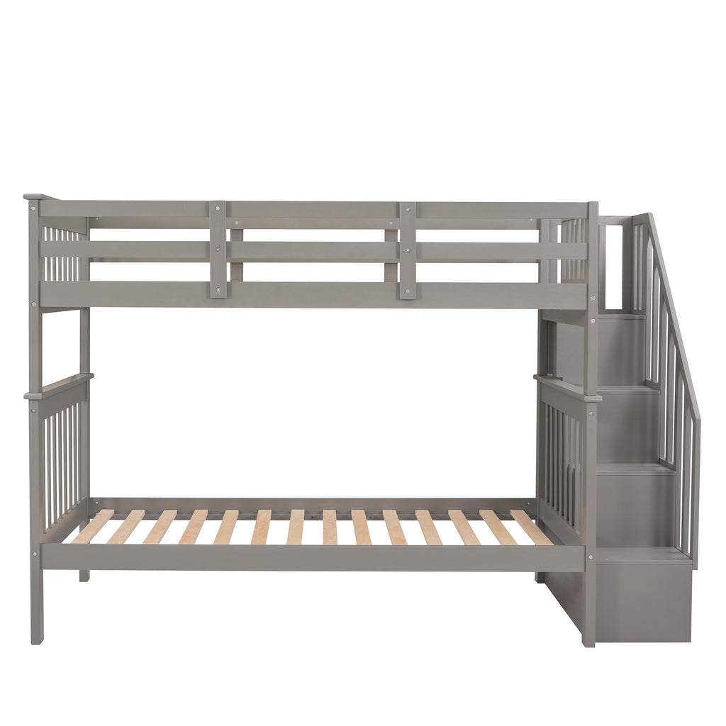 Aramintah Twin over Twin Bunk Bed with Storage and Guard Rail, Grey