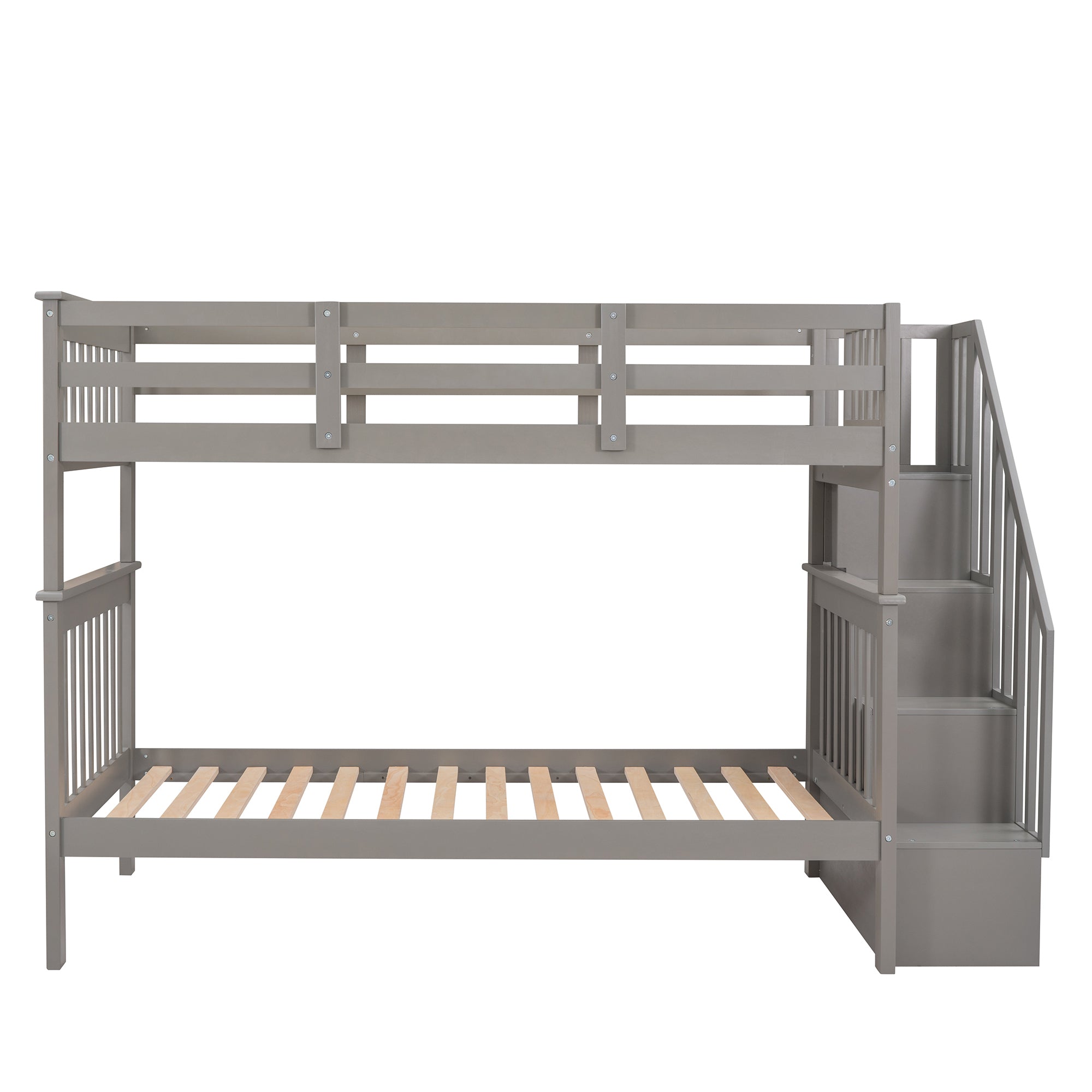 Aramintah Twin over Twin Bunk Bed with Storage and Guard Rail, Grey